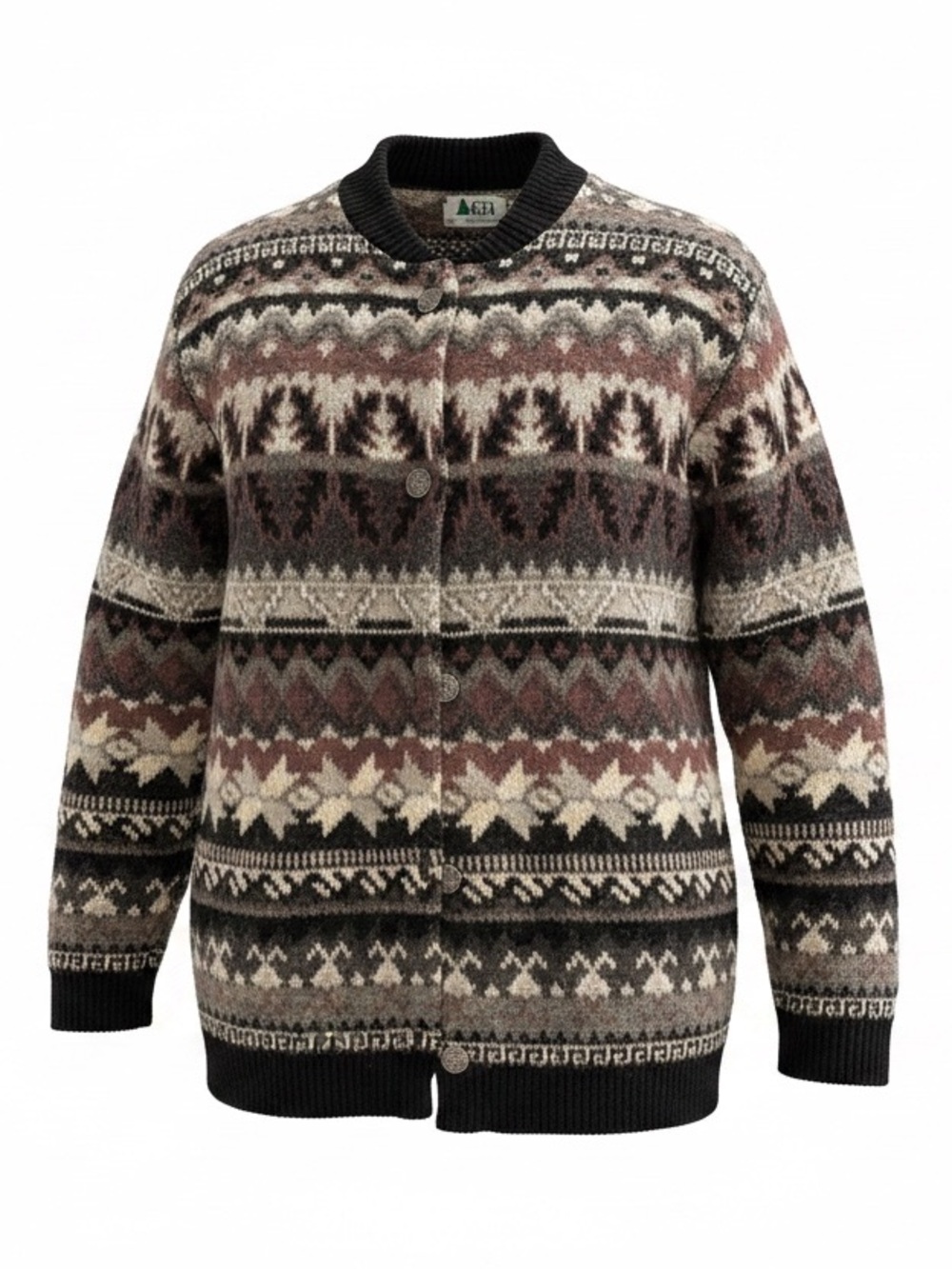 Vintage R.E.I. 100% Wool Fair Isle Knit Cardigan in Black, Brown & Cream